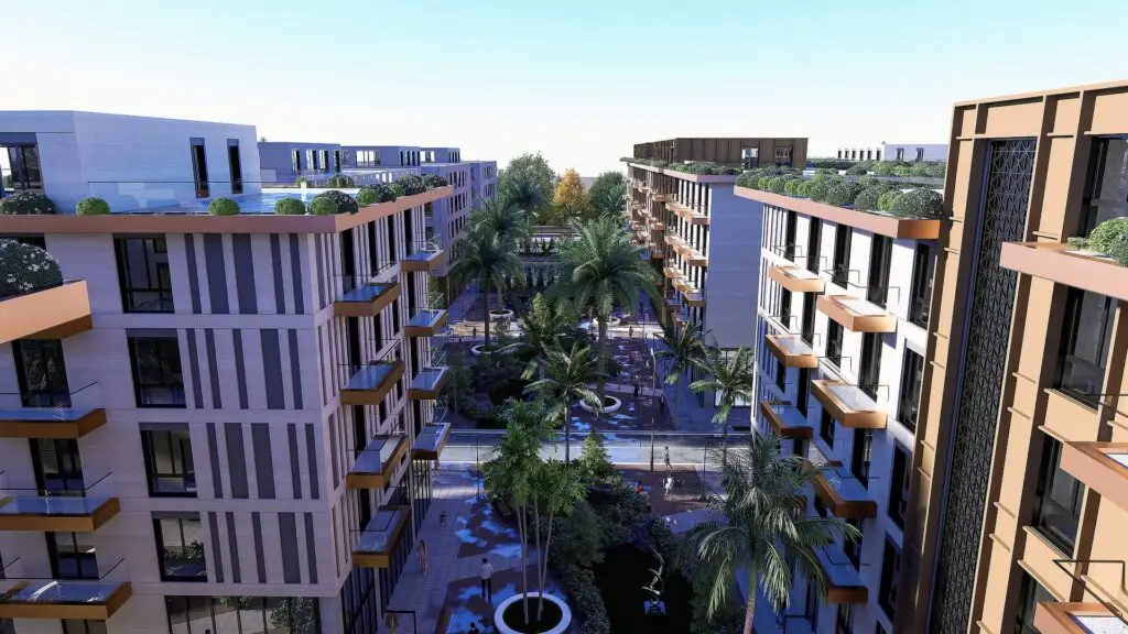 Elevated render of a palm-planted courtyard and walkways between Palm Paradise apartment buildings with balconies and roof gardens